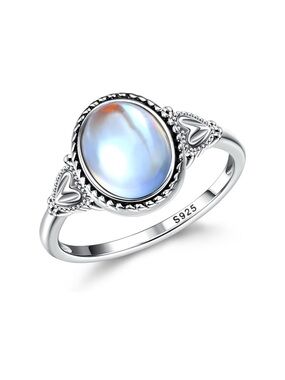 18k White Gold Victorian Oval Solitaire Moonstone Mood Ring - Vintage Handmade